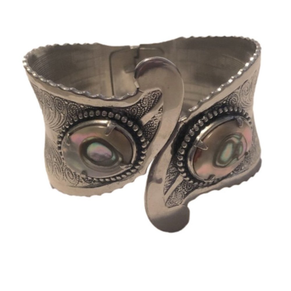 VTG Abalone Silver Tone Spring Hinged Cuff Western Etched Design 6”